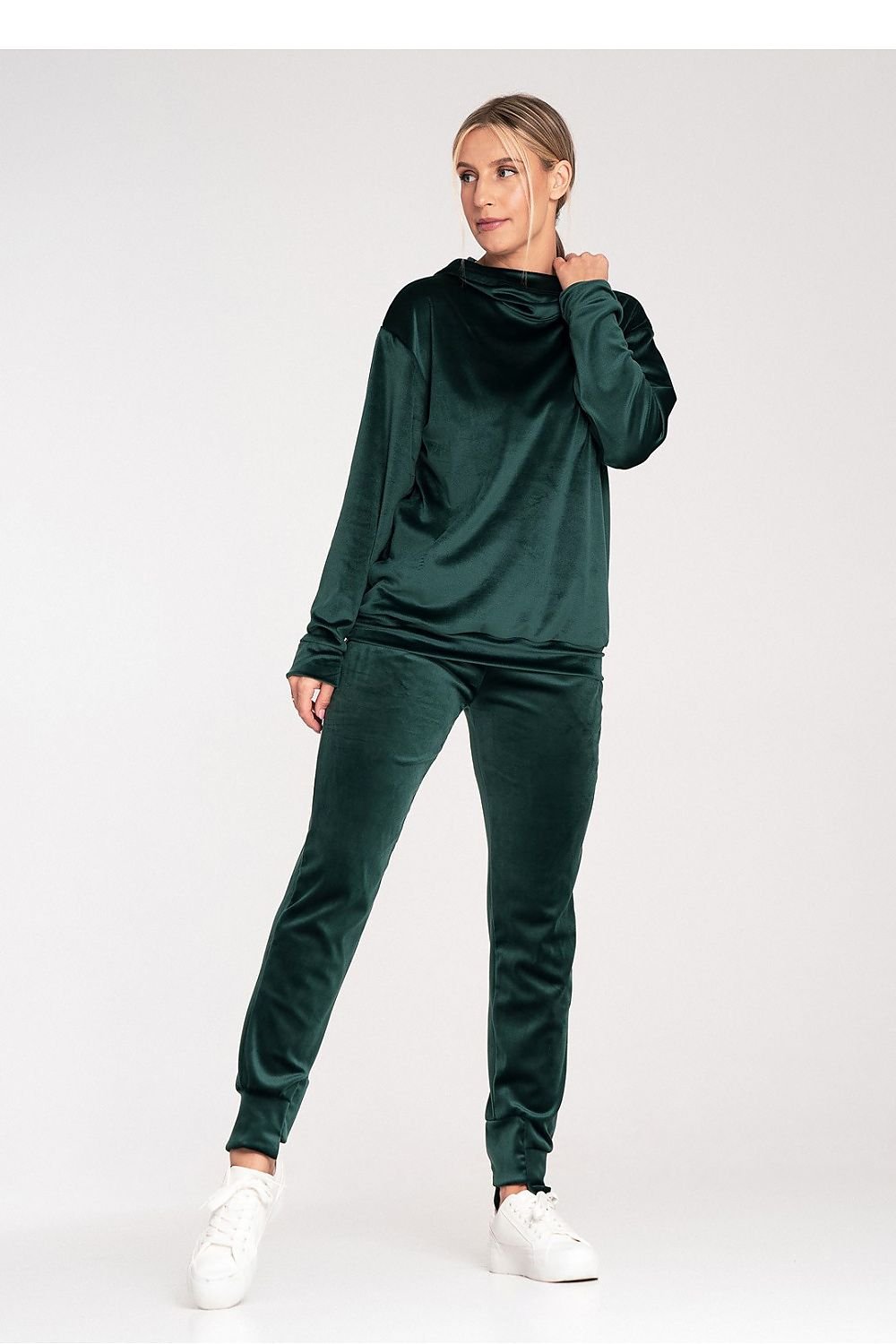 Women's Velour Hooded Sweatshirt with Loose Collar and Ribbed Hem