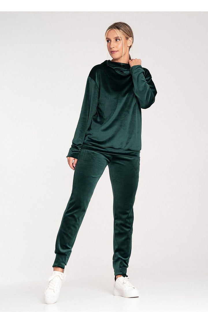 Women's Velour Hooded Sweatshirt with Loose Collar and Ribbed Hem - Ludowika 