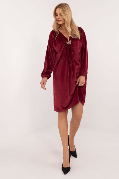 Velour Midi Dress with Heart Neckline and Decorative Creases