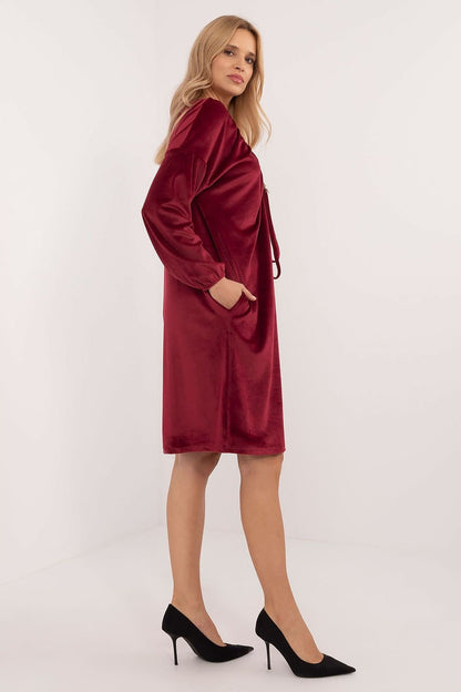 Velour Midi Dress with Heart Neckline and Decorative Creases