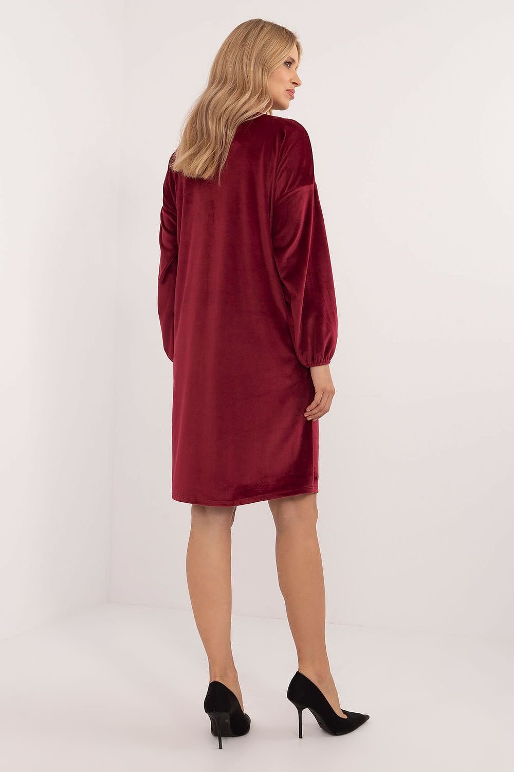 Velour Midi Dress with Heart Neckline and Decorative Creases