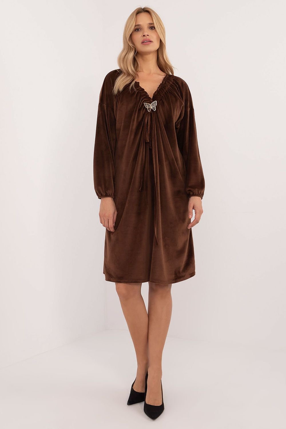 Velour Midi Dress with Heart Neckline and Decorative Creases