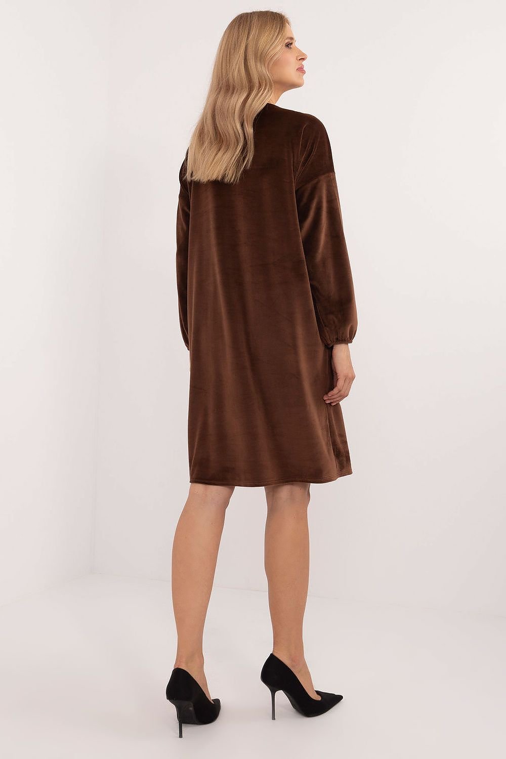 Velour Midi Dress with Heart Neckline and Decorative Creases