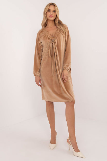 Velour Midi Dress with Heart Neckline and Decorative Creases