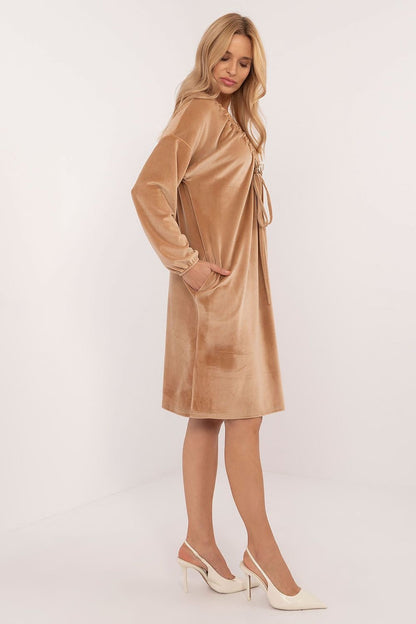 Velour Midi Dress with Heart Neckline and Decorative Creases