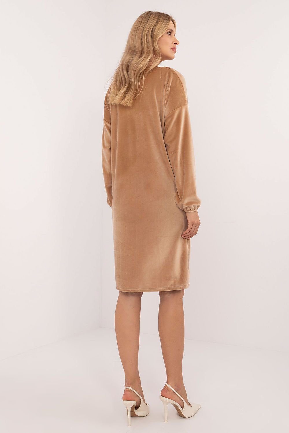 Velour Midi Dress with Heart Neckline and Decorative Creases