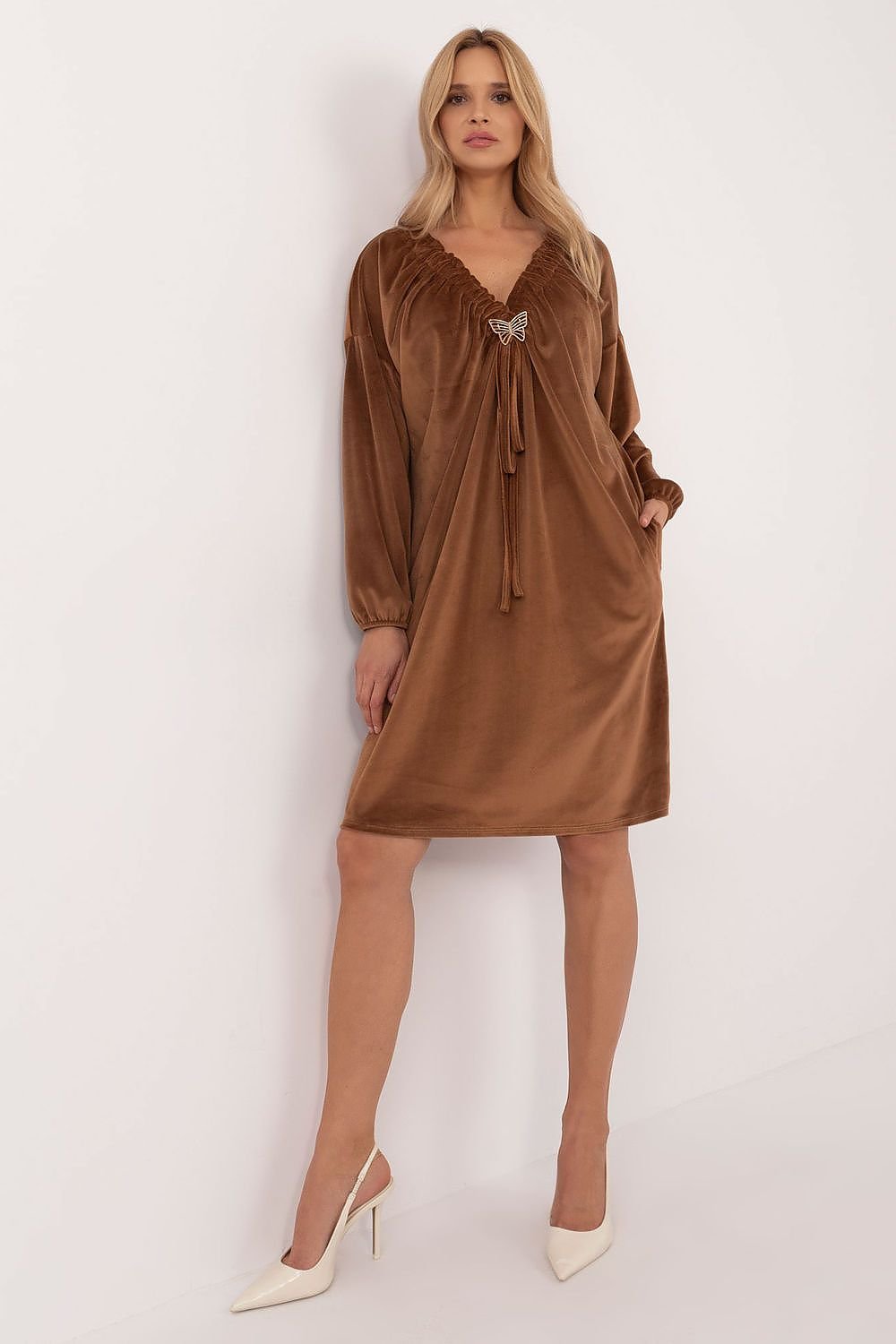 Velour Midi Dress with Heart Neckline and Decorative Creases