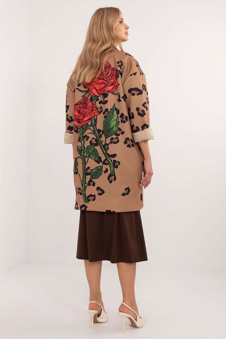 Women's Unbuttoned Transitional Coat with Stemmed Rose Print and Rhinestones - Ludowika 