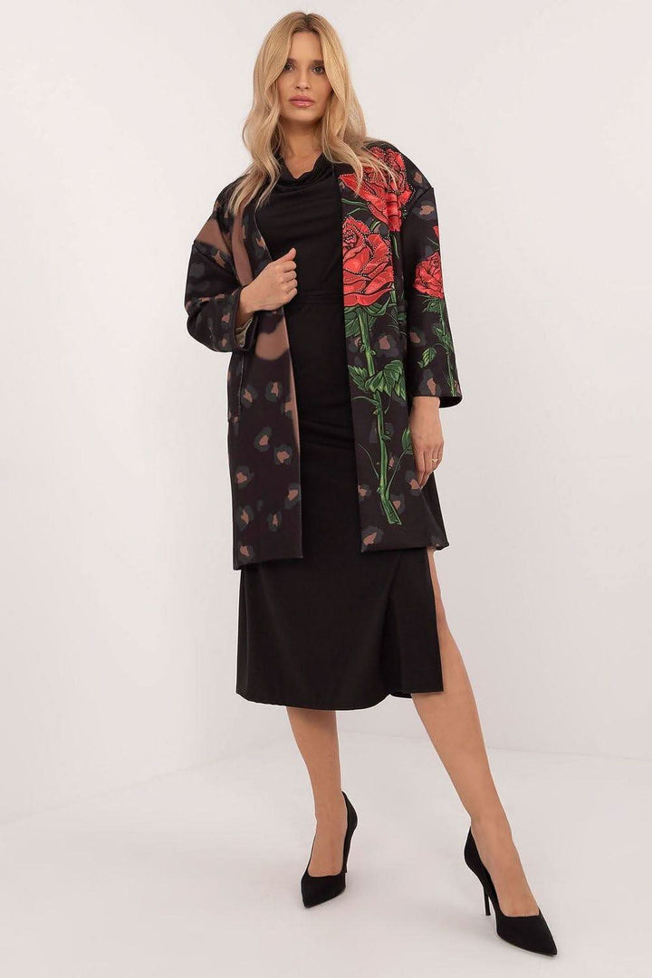 Women's Unbuttoned Transitional Coat with Stemmed Rose Print and Rhinestones - Ludowika 