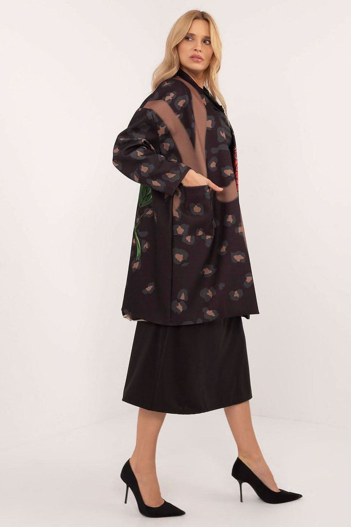Women's Unbuttoned Transitional Coat with Stemmed Rose Print and Rhinestones - Ludowika 