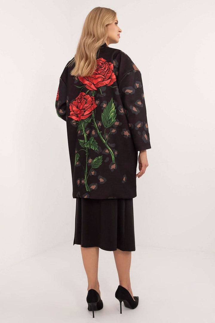 Women's Unbuttoned Transitional Coat with Stemmed Rose Print and Rhinestones - Ludowika 