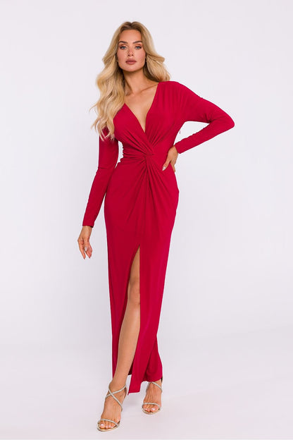 Stretch Knit Maxi Dress with V-Neck, Front Knot, and High Slit