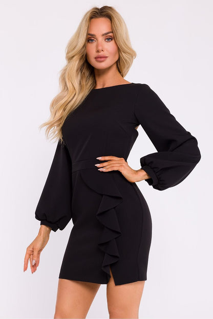 Graceful black Mini Dress with Flounce and Back Cut-Out







