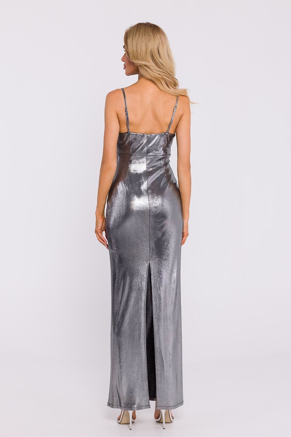 Metallic Knit Maxi Dress with Adjustable Straps and High Slit