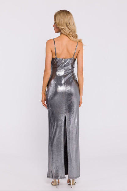 Metallic Knit Maxi Dress with Adjustable Straps and High Slit