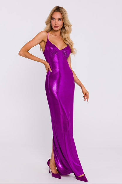 Metallic Knit Maxi Dress with Adjustable Straps and High Slit