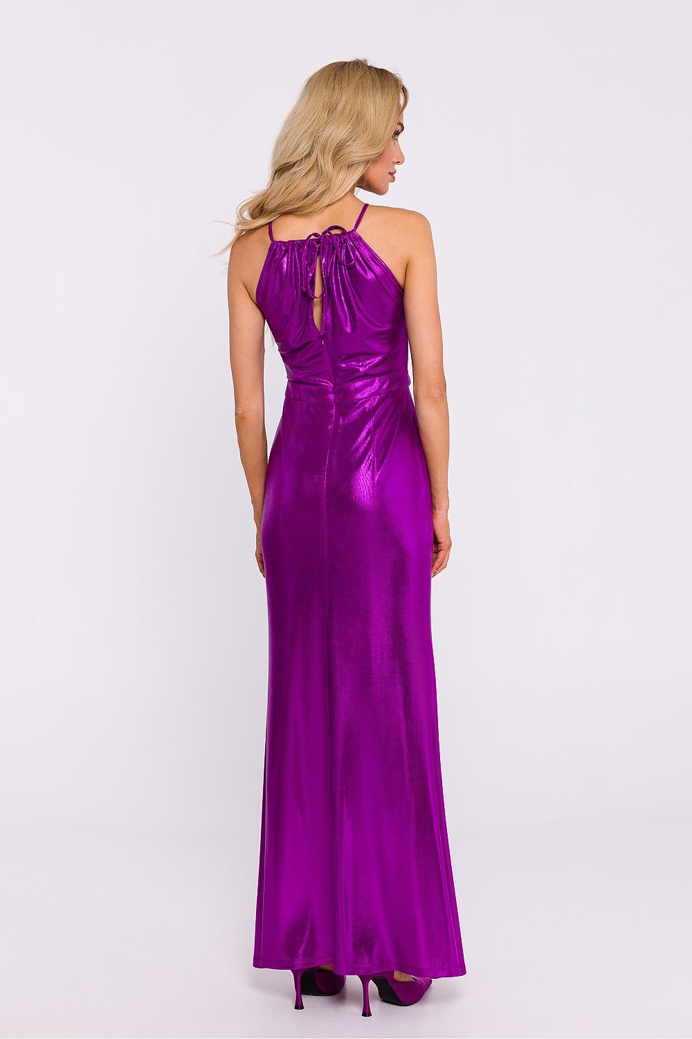 Metallic Knit Maxi Dress with Striking Neck Binding and Front Slit