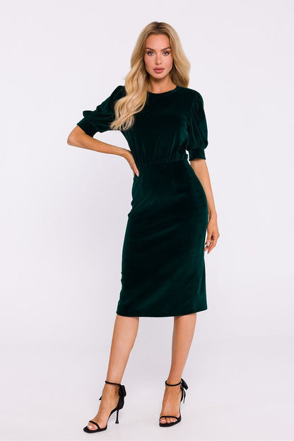 Velour Knit Dress with Waist Cut and Pencil Bottom