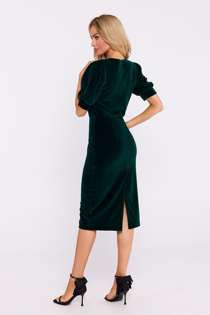 Velour Knit Dress with Waist Cut and Pencil Bottom