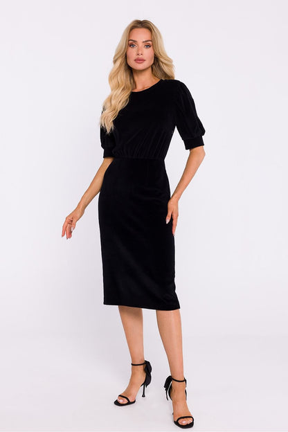 Velour Knit Dress with Waist Cut and Pencil Bottom