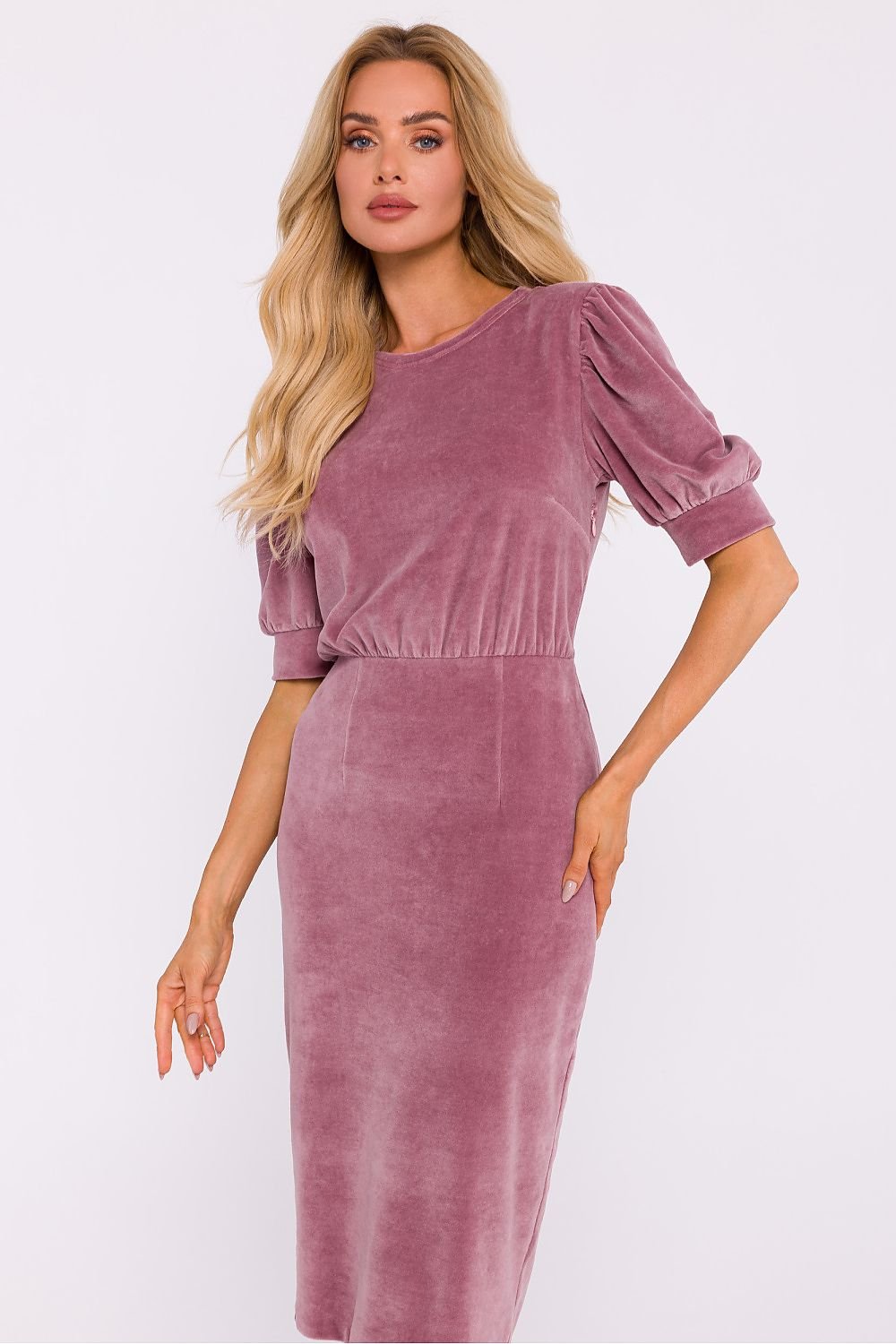 Velour Knit Dress with Waist Cut and Pencil Bottom