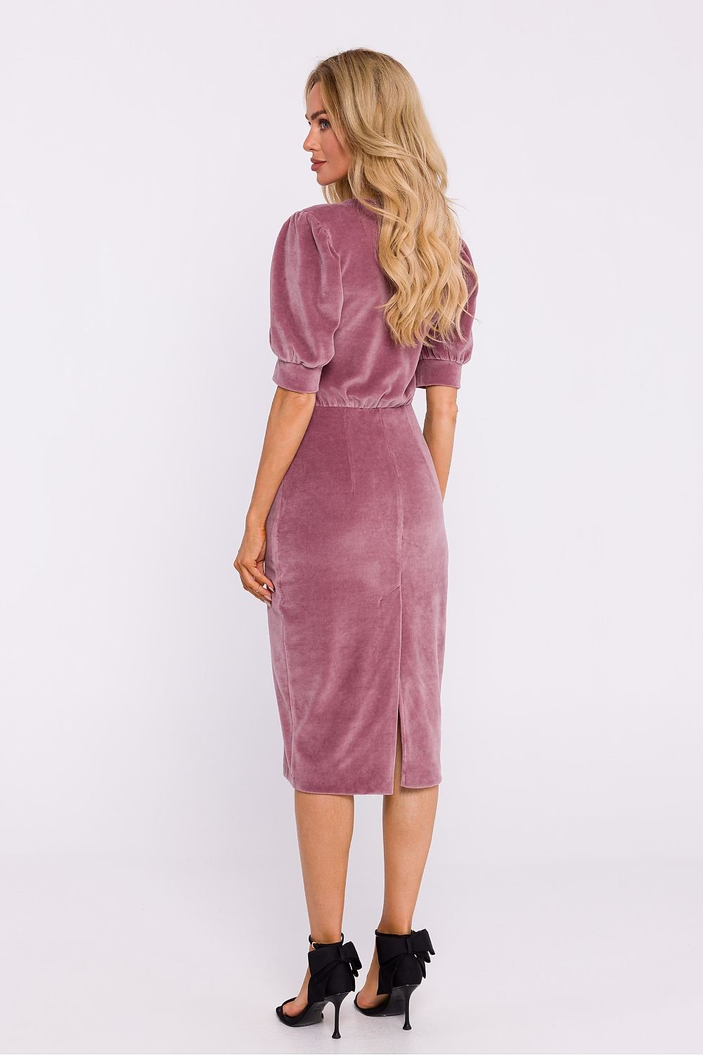 Velour Knit Dress with Waist Cut and Pencil Bottom