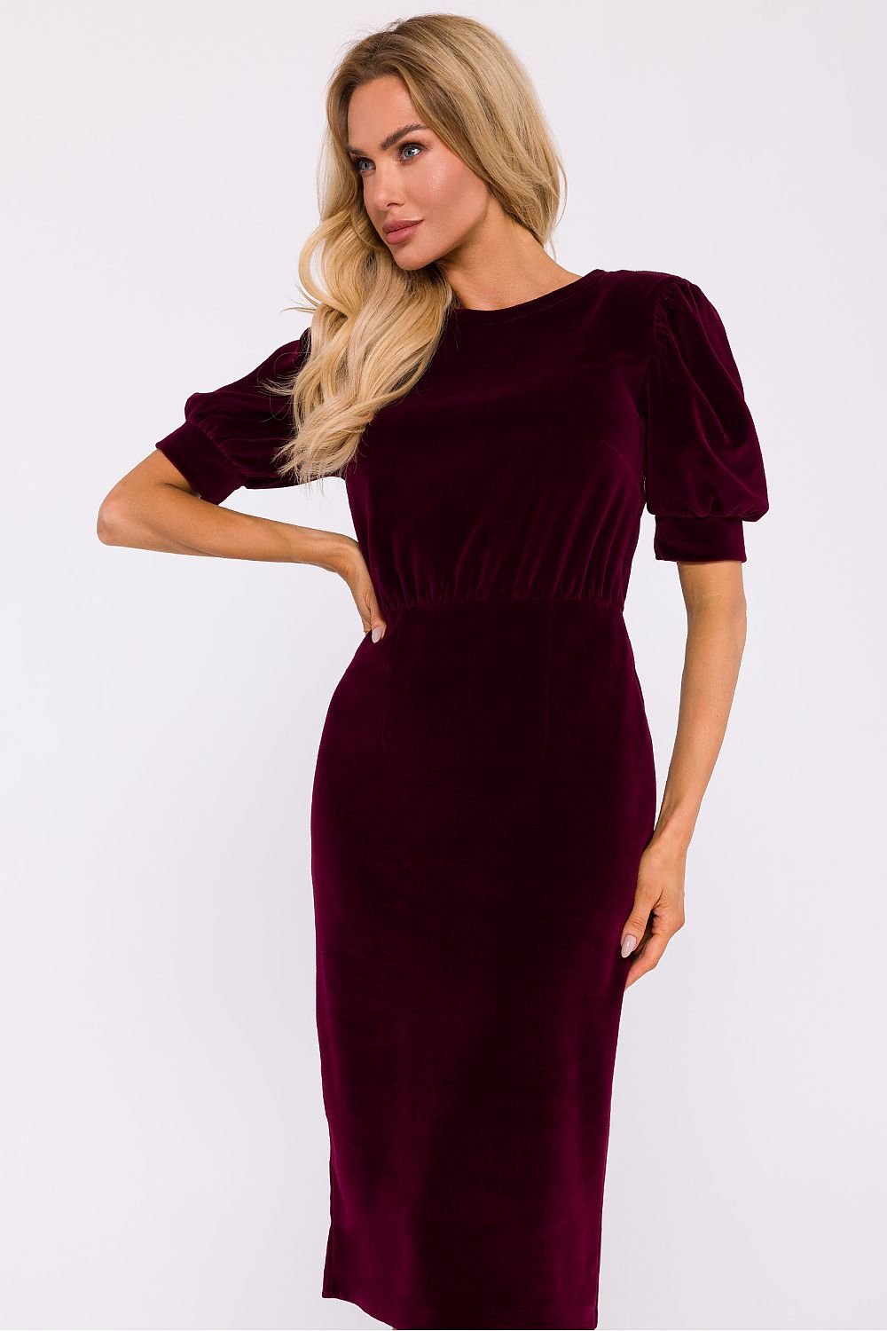 Velour Knit Dress with Waist Cut and Pencil Bottom