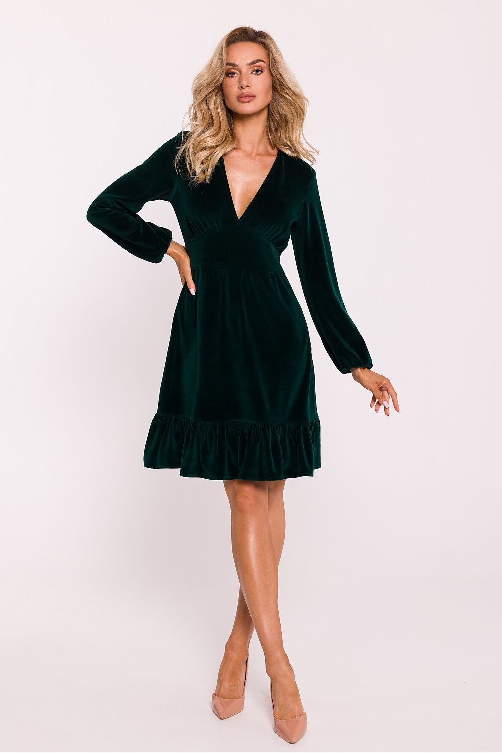 Velour Knit Dress with V-Neck, Buffet Sleeves, and Ruffled Hem