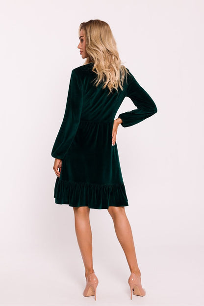 Velour Knit Dress with V-Neck, Buffet Sleeves, and Ruffled Hem