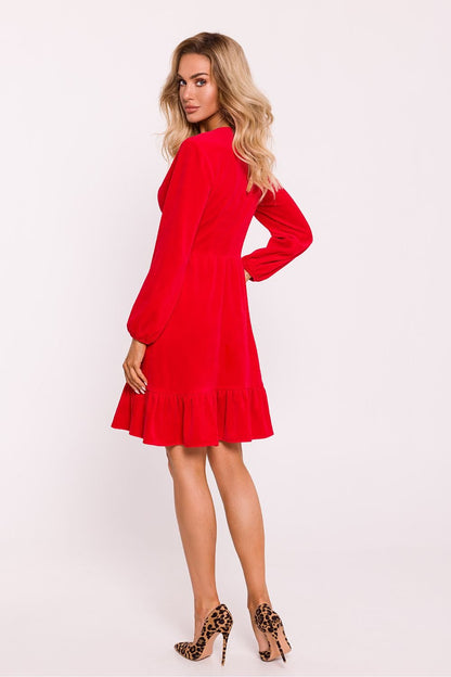 Velour Knit Dress with V-Neck, Buffet Sleeves, and Ruffled Hem