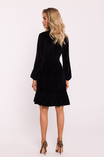 Velour Knit Dress with V-Neck, Buffet Sleeves, and Ruffled Hem