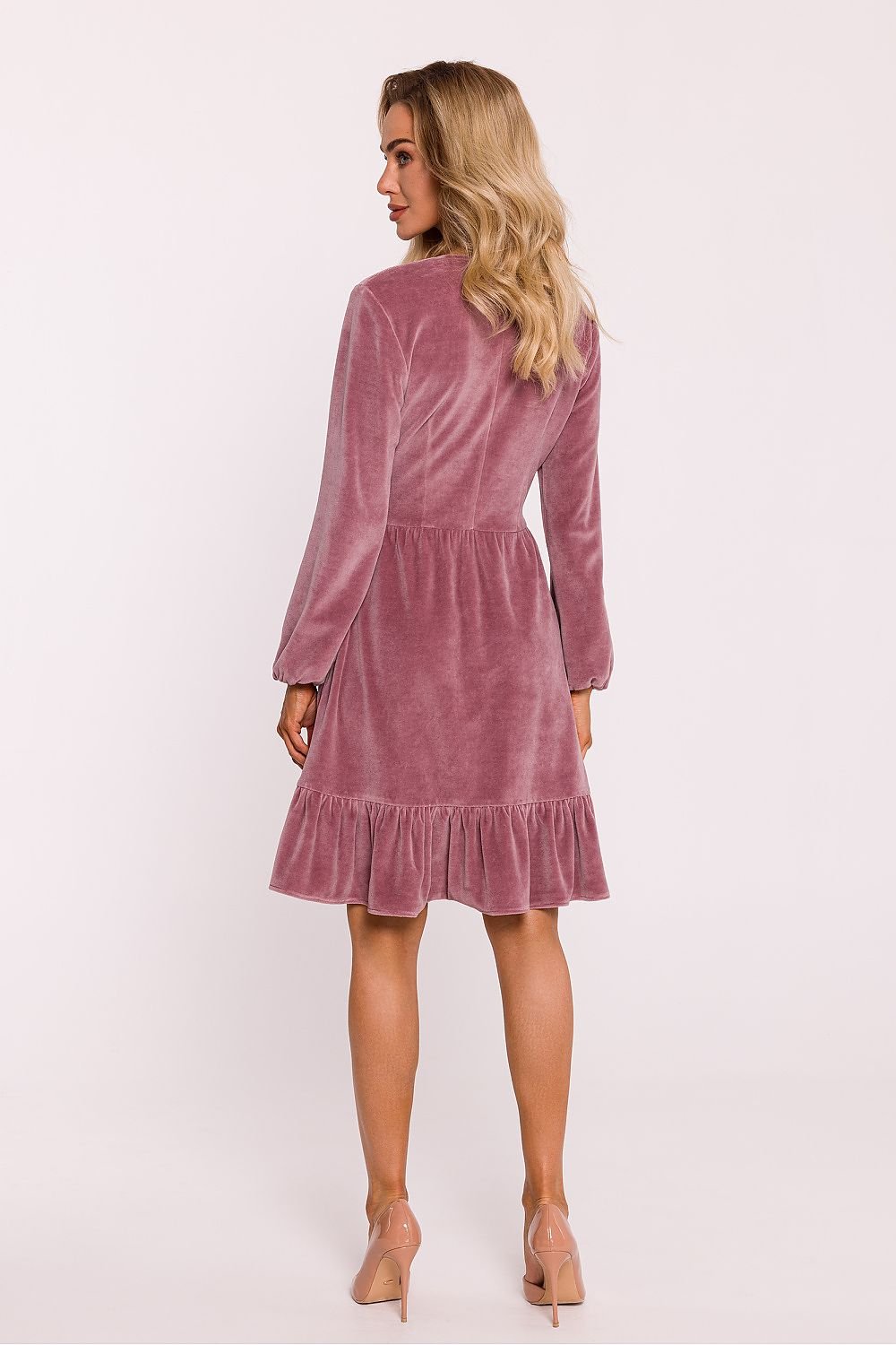 Velour Knit Dress with V-Neck, Buffet Sleeves, and Ruffled Hem