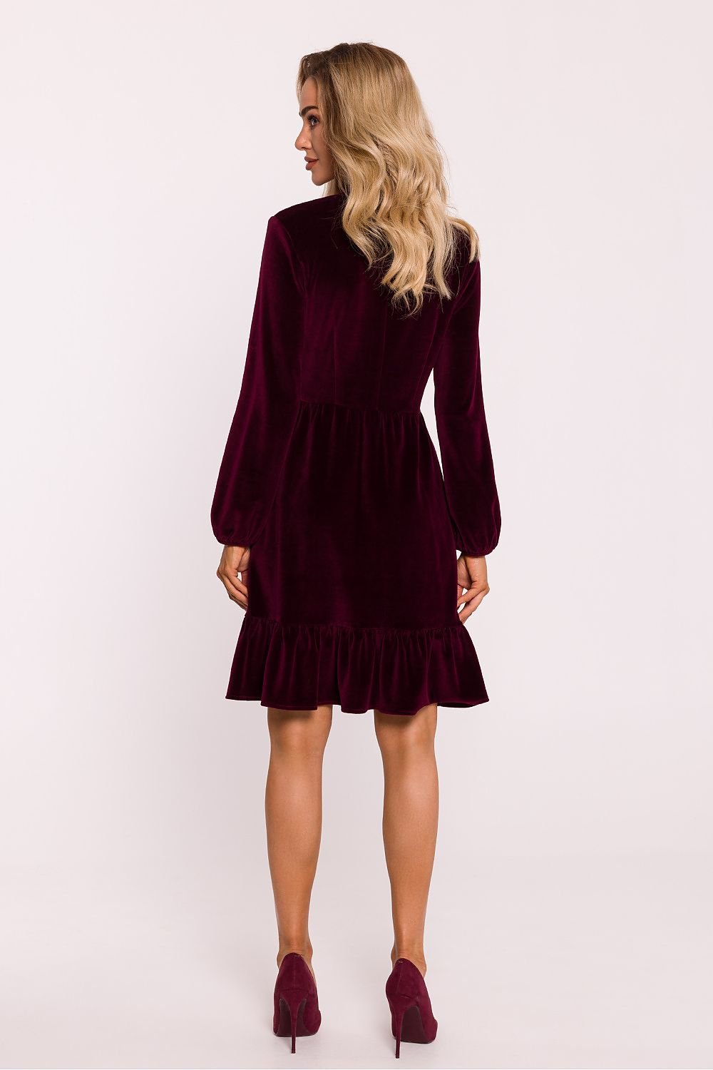 Velour Knit Dress with V-Neck, Buffet Sleeves, and Ruffled Hem