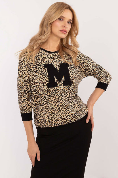 Casual Everyday Blouse with Animal Motif and 3/4-Length Sleeves