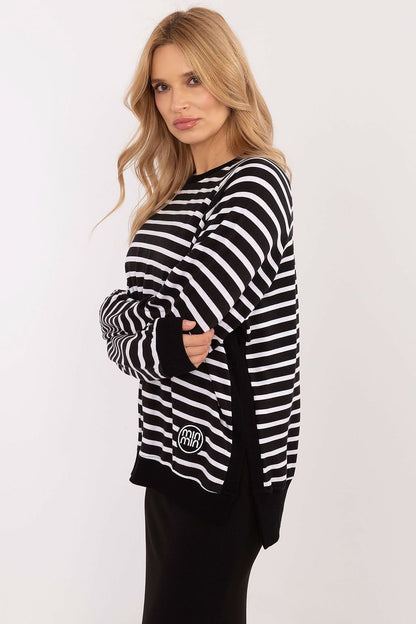 Striped Everyday Blouse with Round Neckline and Side Slits