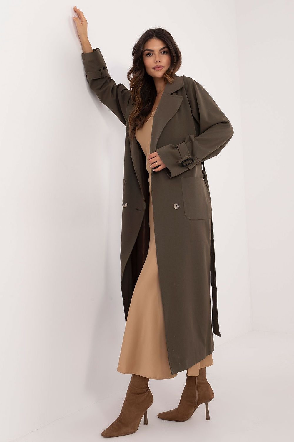 Trench-coat élégant pour femme, longueur mi-mollet, avec ceinture à nouer