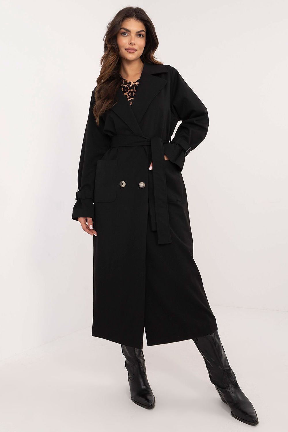 Trench-coat élégant pour femme, longueur mi-mollet, avec ceinture à nouer