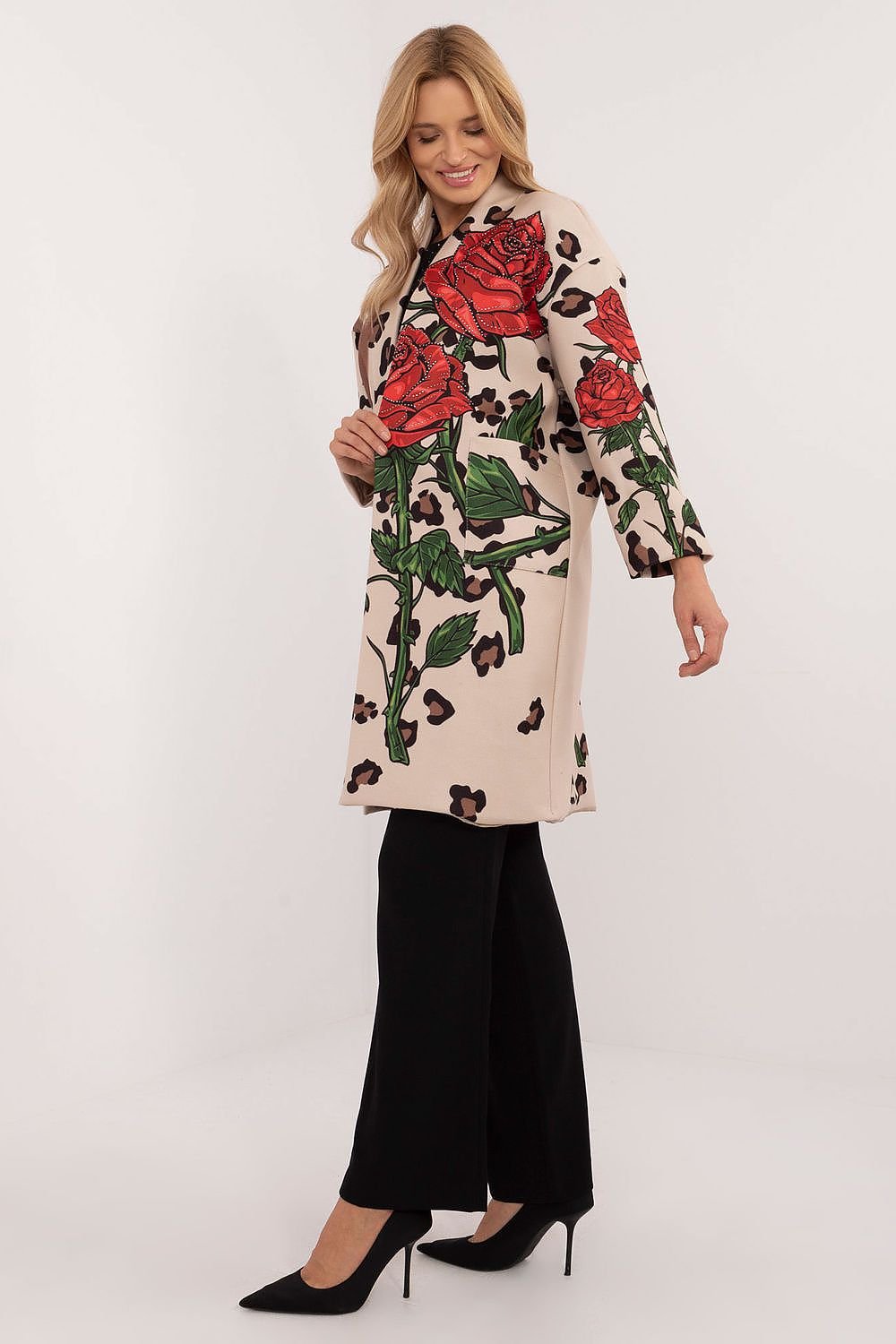 Aufgeknöpfter Übergangsmantel für Damen mit Rosen-Stängel-Print und Strasssteinen