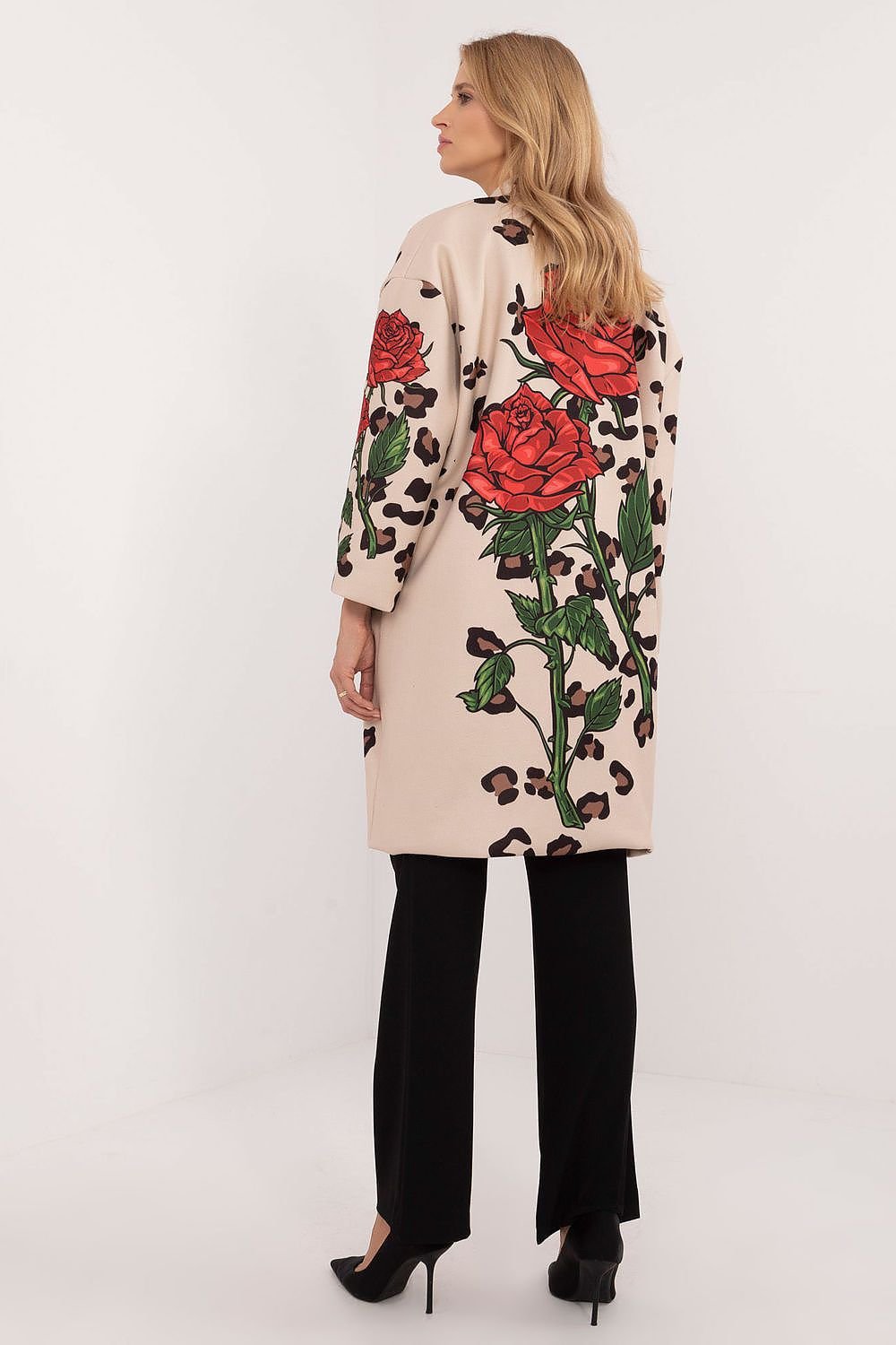 Aufgeknöpfter Übergangsmantel für Damen mit Rosen-Stängel-Print und Strasssteinen