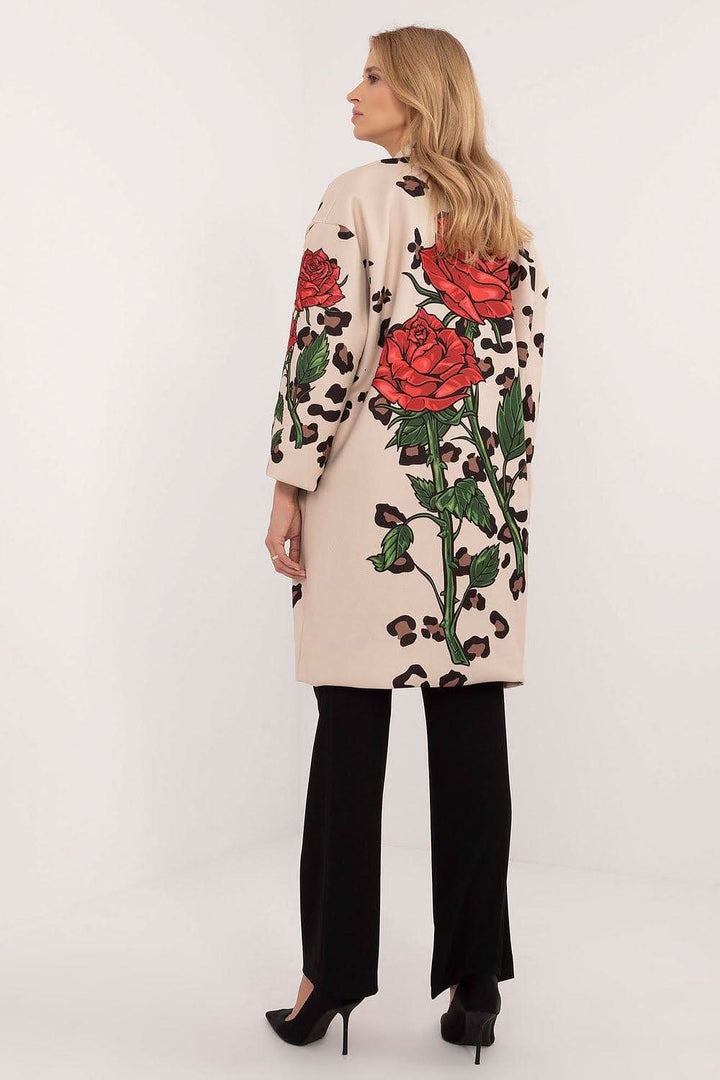 Women's Unbuttoned Transitional Coat with Stemmed Rose Print and Rhinestones - Ludowika 