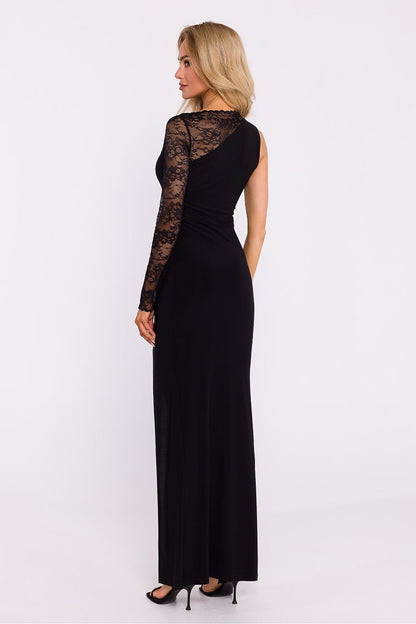 An elegant evening dress made of stretch knit and lace, featuring an asymmetrical one-shoulder design, long elastic lace sleeve, high front slit, and a side zipper, offering a modern yet sensual look. Designed and sewn in Poland.






