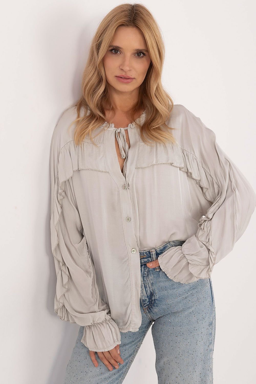 Classic Shirt with Ruffled Sleeves, Sensual Neckline, and Binding