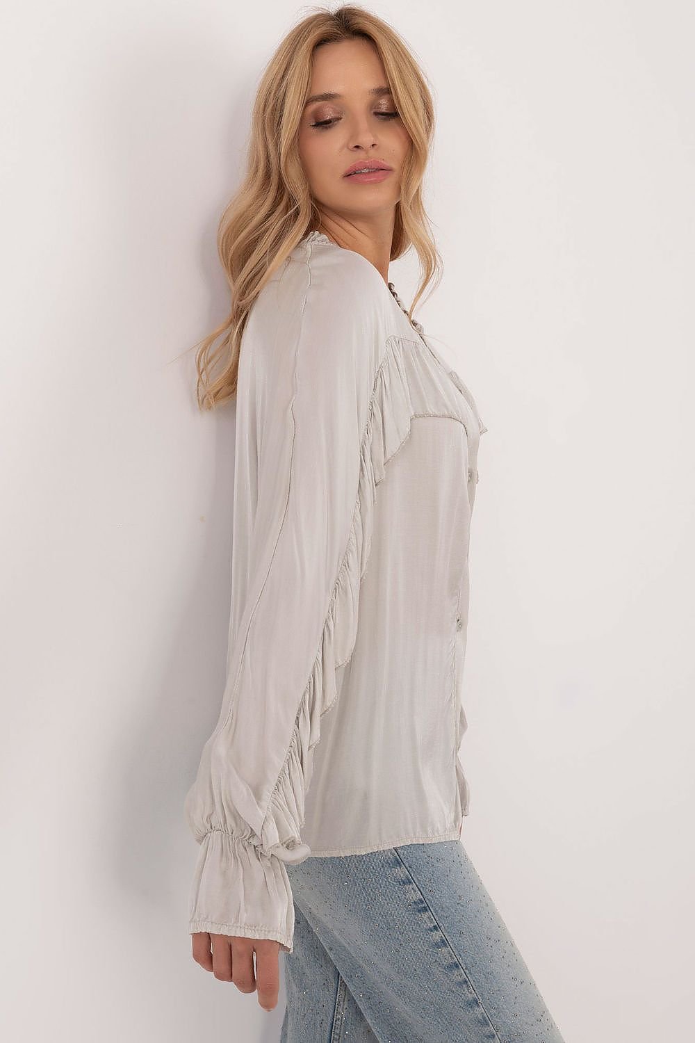 Classic Shirt with Ruffled Sleeves, Sensual Neckline, and Binding