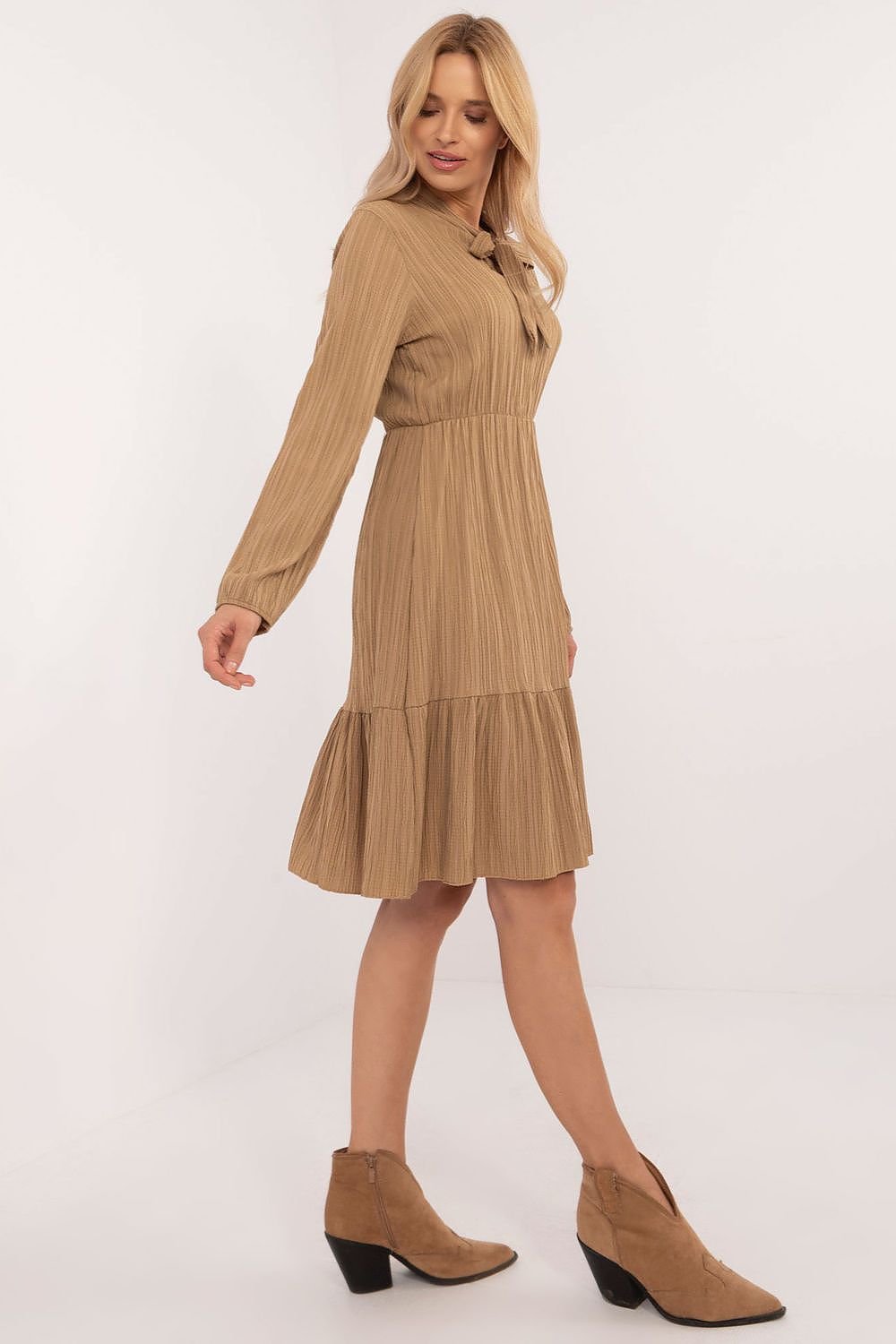 Flared Everyday Dress with Tied Neckline, Long Sleeves, and Ruffle Detail