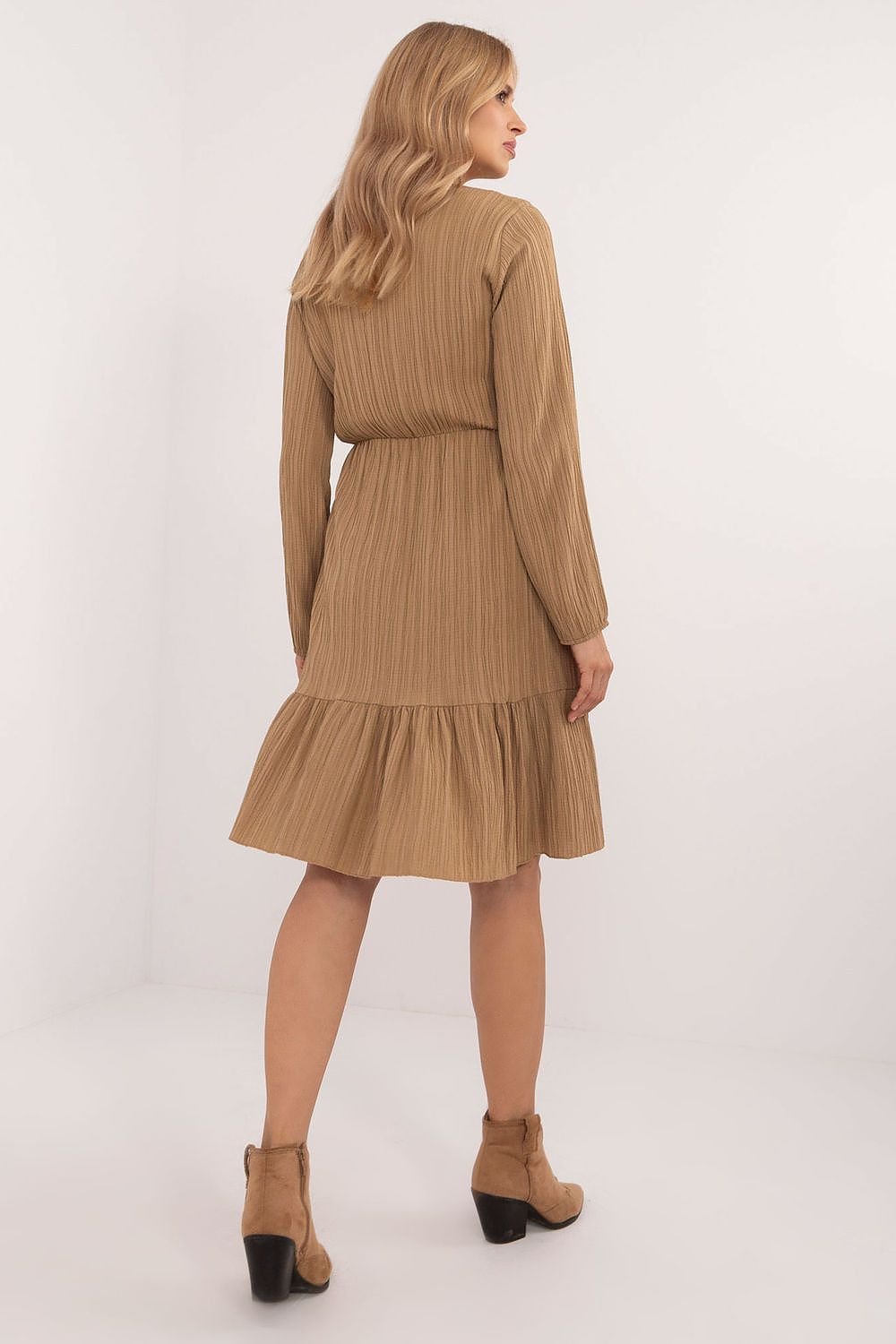 Flared Everyday Dress with Tied Neckline, Long Sleeves, and Ruffle Detail