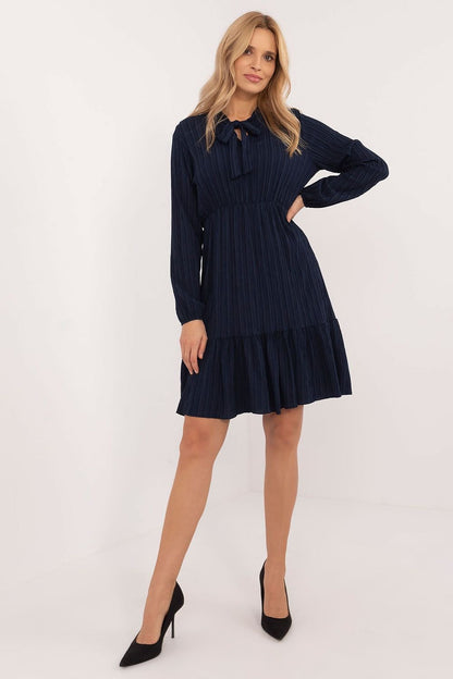 Flared Everyday Dress with Tied Neckline, Long Sleeves, and Ruffle Detail