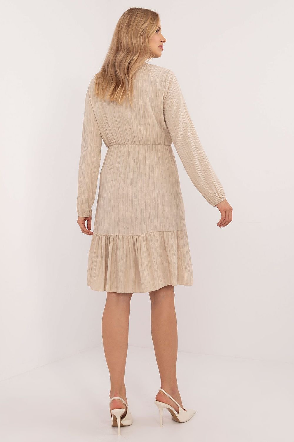 Flared Everyday Dress with Tied Neckline, Long Sleeves, and Ruffle Detail