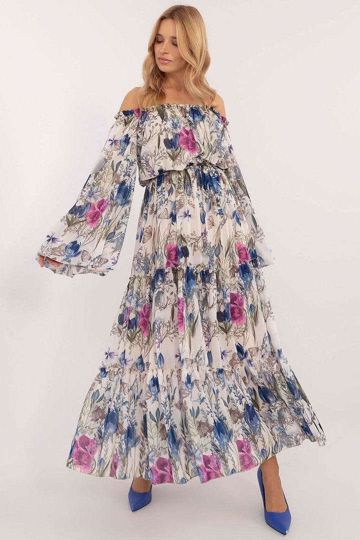Boho-Inspired Floral Maxi Dress with Spanish Neckline and Belted Waist - Ludowika 