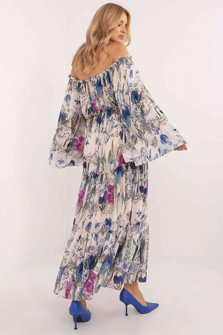 Boho-Inspired Floral Maxi Dress with Spanish Neckline and Belted Waist - Ludowika 