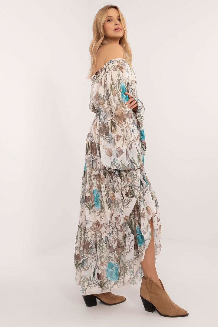 Boho-Inspired Floral Maxi Dress with Spanish Neckline and Belted Waist - Ludowika 